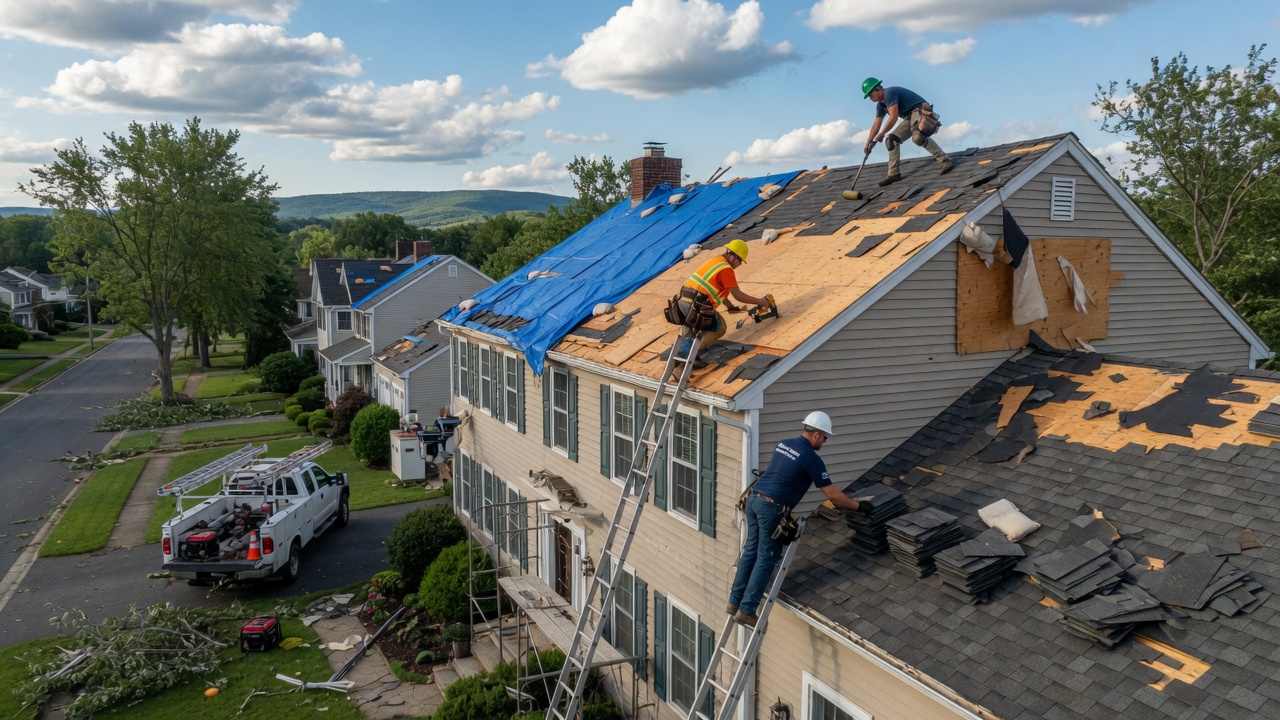 Emergency roof repair services in Hackettstown, NJ, showcasing a team fixing storm damage